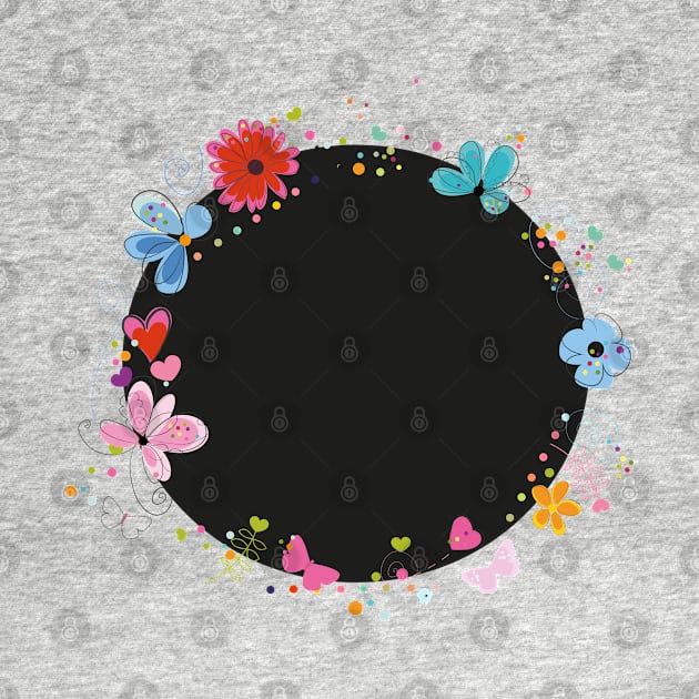 Circle black frame decorative hand drawn abstract flowers by GULSENGUNEL